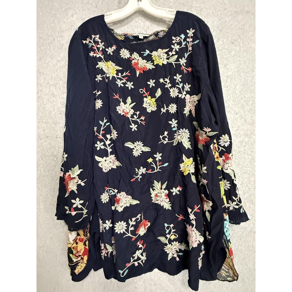 John Mark Blouse Womens 1X Multicolor Embroidered Floral Split Back Tunic Top